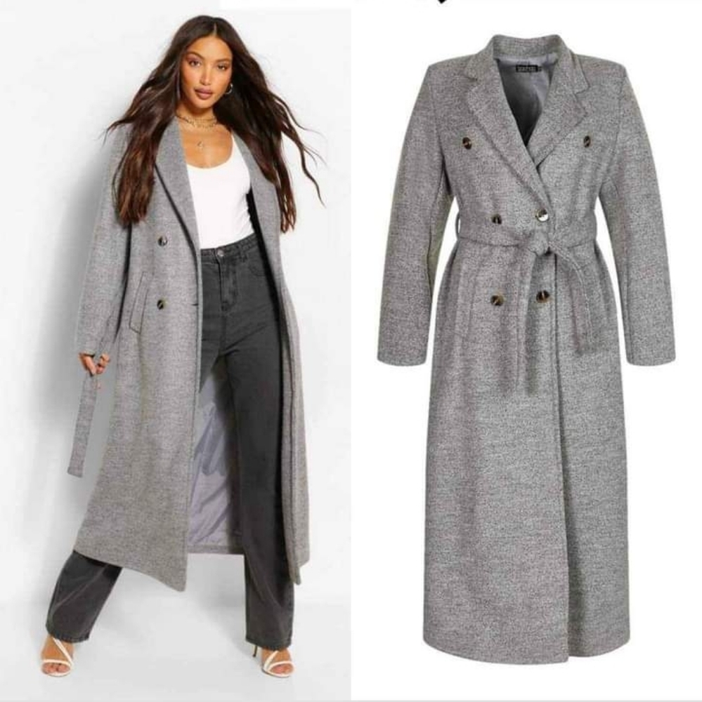 Grey Long Over Coat with Belt (Wool) size 8 but feels like a size 10
